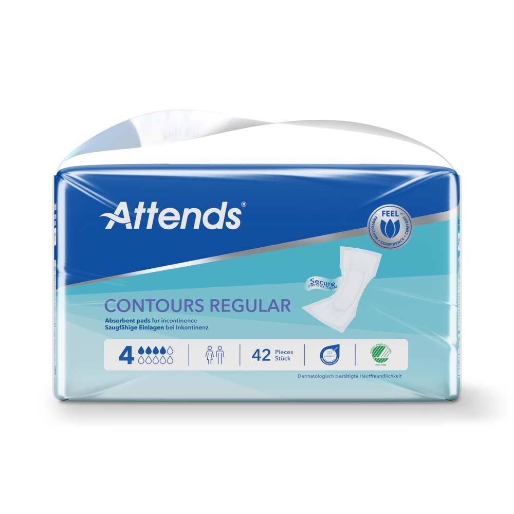 Attends Contours Regular 4, Packung mit 42 Stück. Blaue Verpackung mit Produktabbildung und Logo. Dermatologisch getestet.