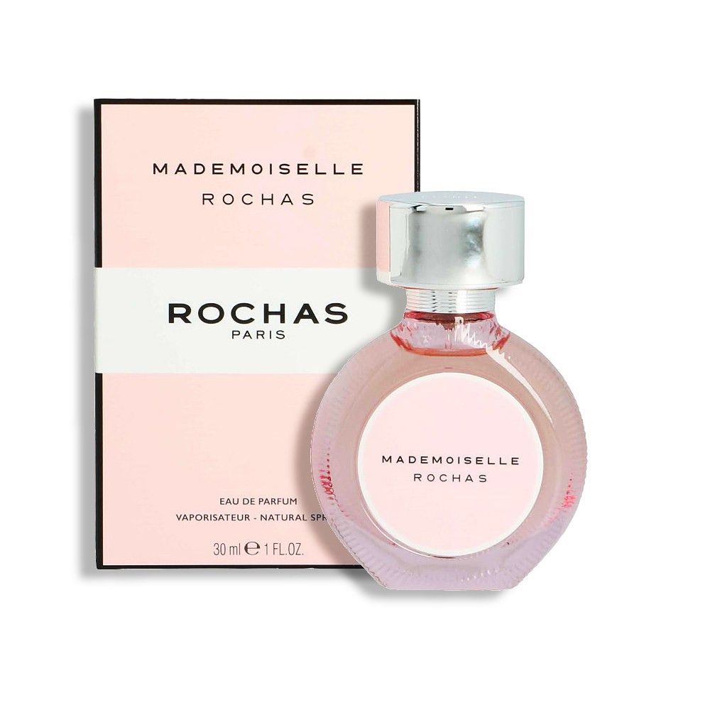 Rochas Mademoiselle Eau de Parfum. Rosa Flakon mit silbernem Deckel und Verpackung. Aufschrift: Mademoiselle Rochas, Rochas Paris, 30 ml.