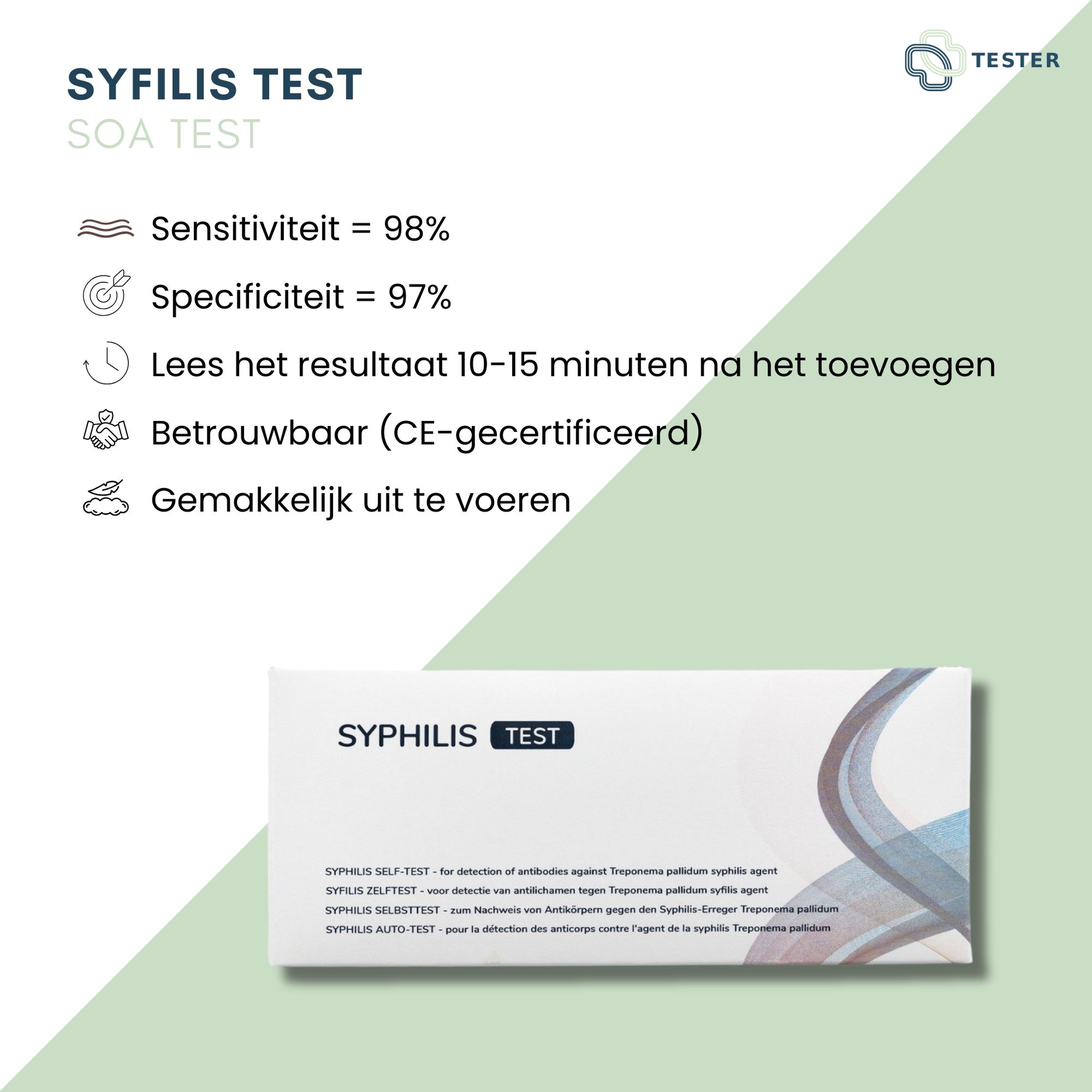 Infografik mit "SYPHILIS TEST"-Verpackung. Sensitivität und Spezifität. CE-Zertifizierung. Grünlicher Hintergrund.