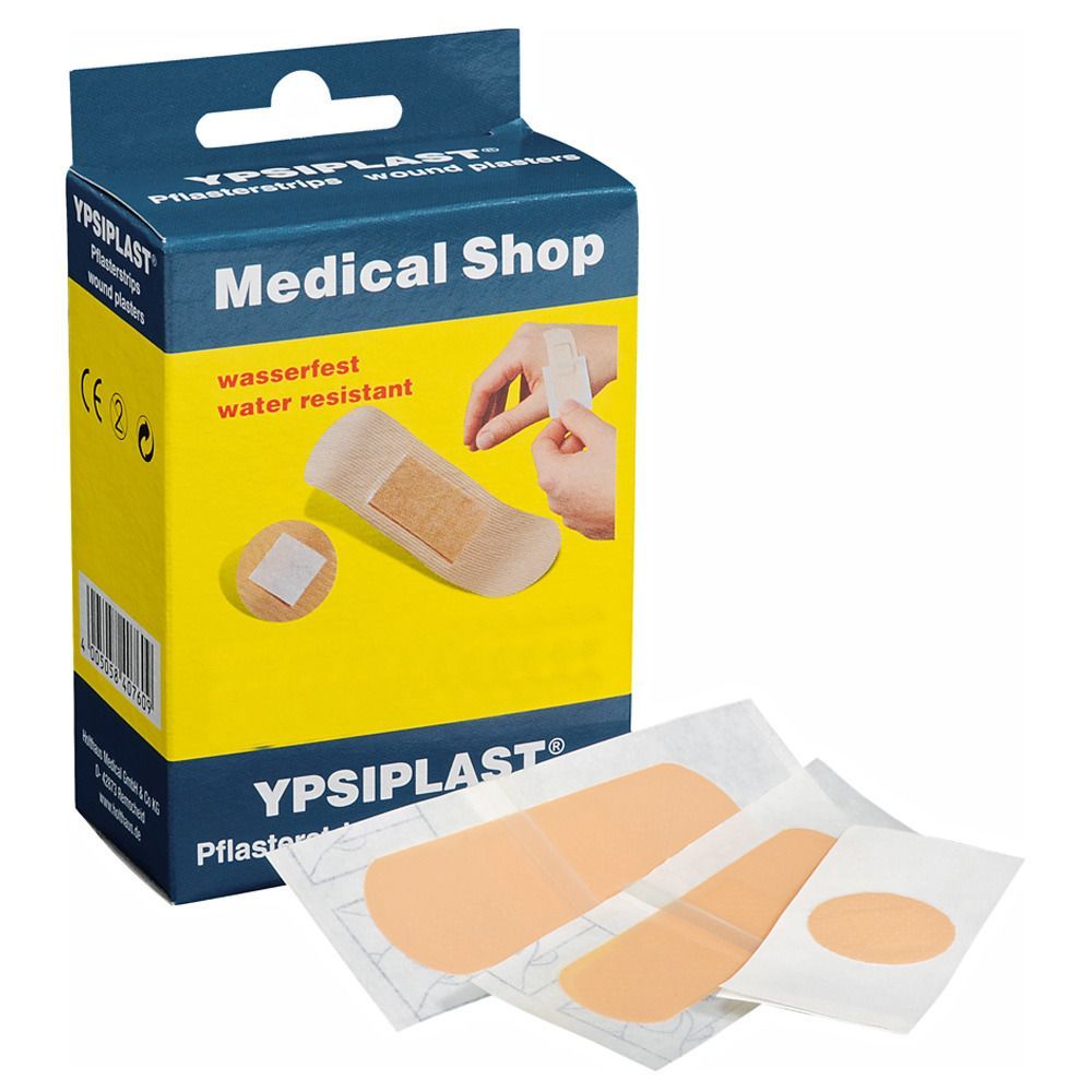 Verpackung mit YPSIPLAST Pflasterstrips. Aufdruck: wasserfest, Medical Shop. Geöffnete Packung mit Pflastern.