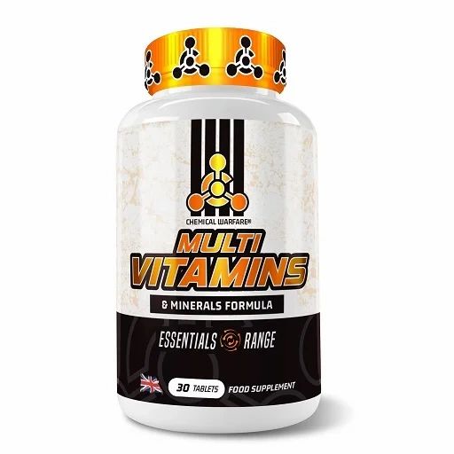 Weiße Flasche mit gelbem Deckel. Aufschrift: Chemical Warfare Multi Vitamins & Minerals Formula, 30 Tabletten.