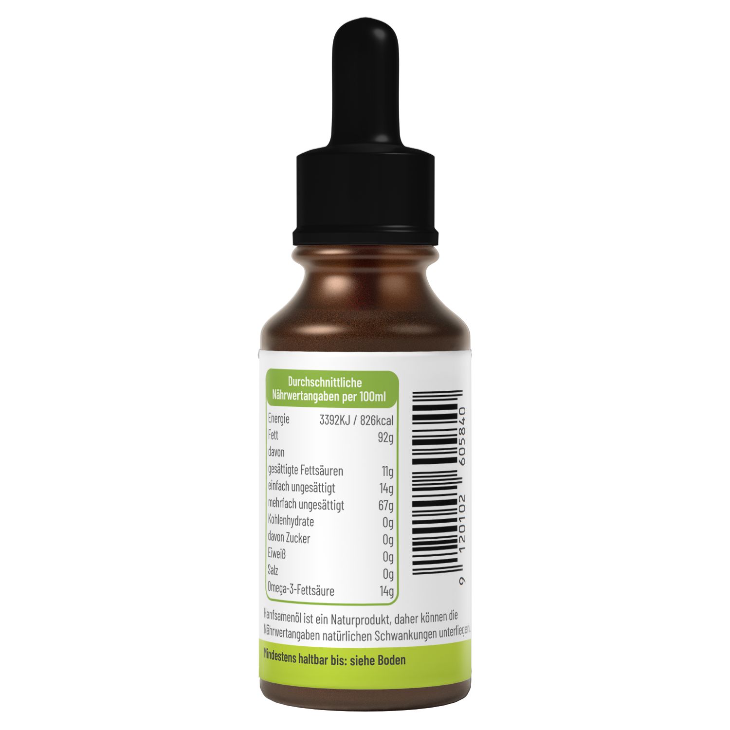 Braune Glasflasche mit schwarzem Tropfer. Rückseite mit weißem Etikett. Text: Nährwertangaben pro 100ml, Energie, Fett, Kohlenhydrate, Zucker, Eiweiß, Omega-3-Fettsäure.