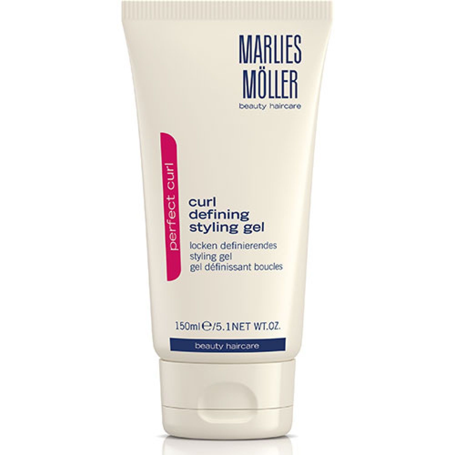 Weiße Tube mit Produktaufschrift. Rosa Streifen mit Text 'perfect curl'. Text: 'curl defining styling gel'. 150ml/5.1 NET WT.OZ.