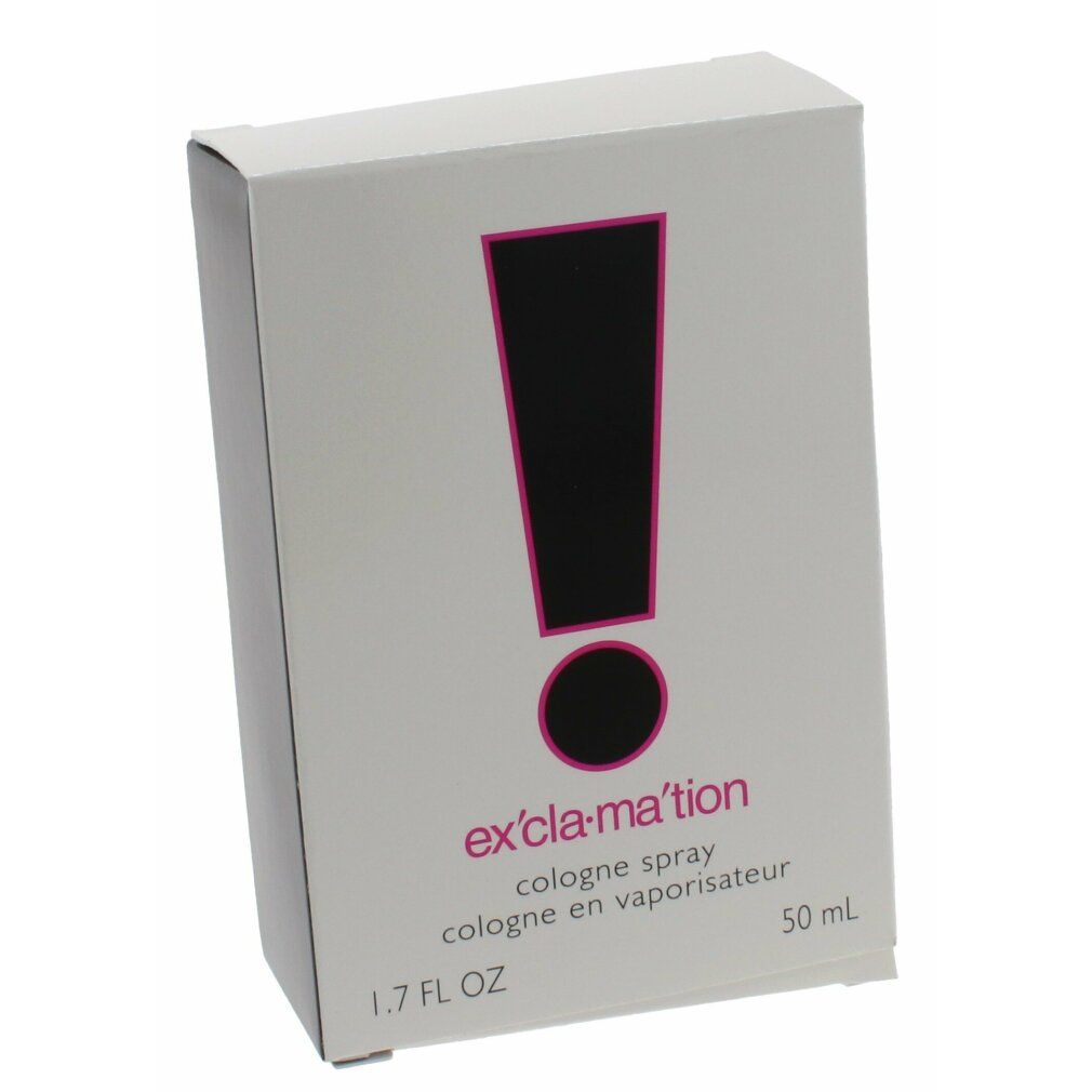 Weiße Verpackung mit schwarzem Ausrufezeichen und pinkfarbenem Rand. Auf der Verpackung steht "ex'cla-ma'tion" und "cologne spray".
