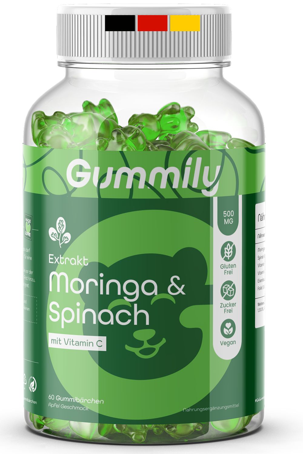 Klare Glasflasche mit grünen Gummibärchen. Aufschrift: Gummily, Moringa & Spinach, 500 MG, Glutenfrei, Zuckerfrei, Vegan.