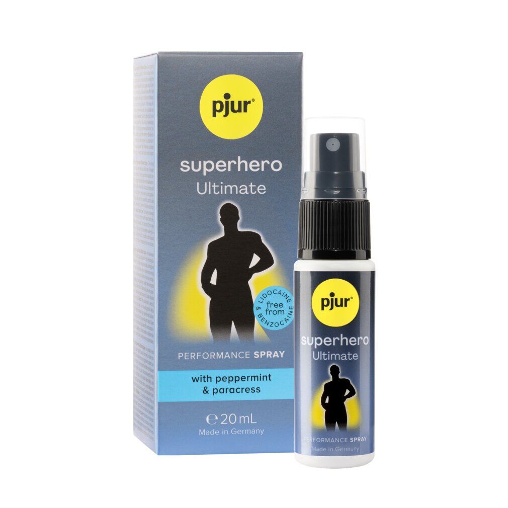 Produktflasche und Verpackung. Aufschrift: pjur, superhero Ultimate, Performance Spray. Enthält Lidocain-frei und Benzocain-frei. Mit Pfefferminze & Paracress.