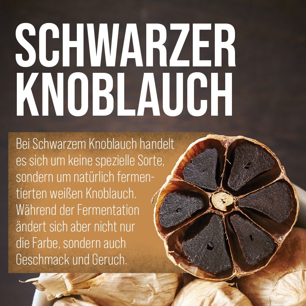 Halbierte Knoblauchzehe, schwarz. Text: Schwarzer Knoblauch. Hintergrund: braun. Text erklärt die Fermentation.