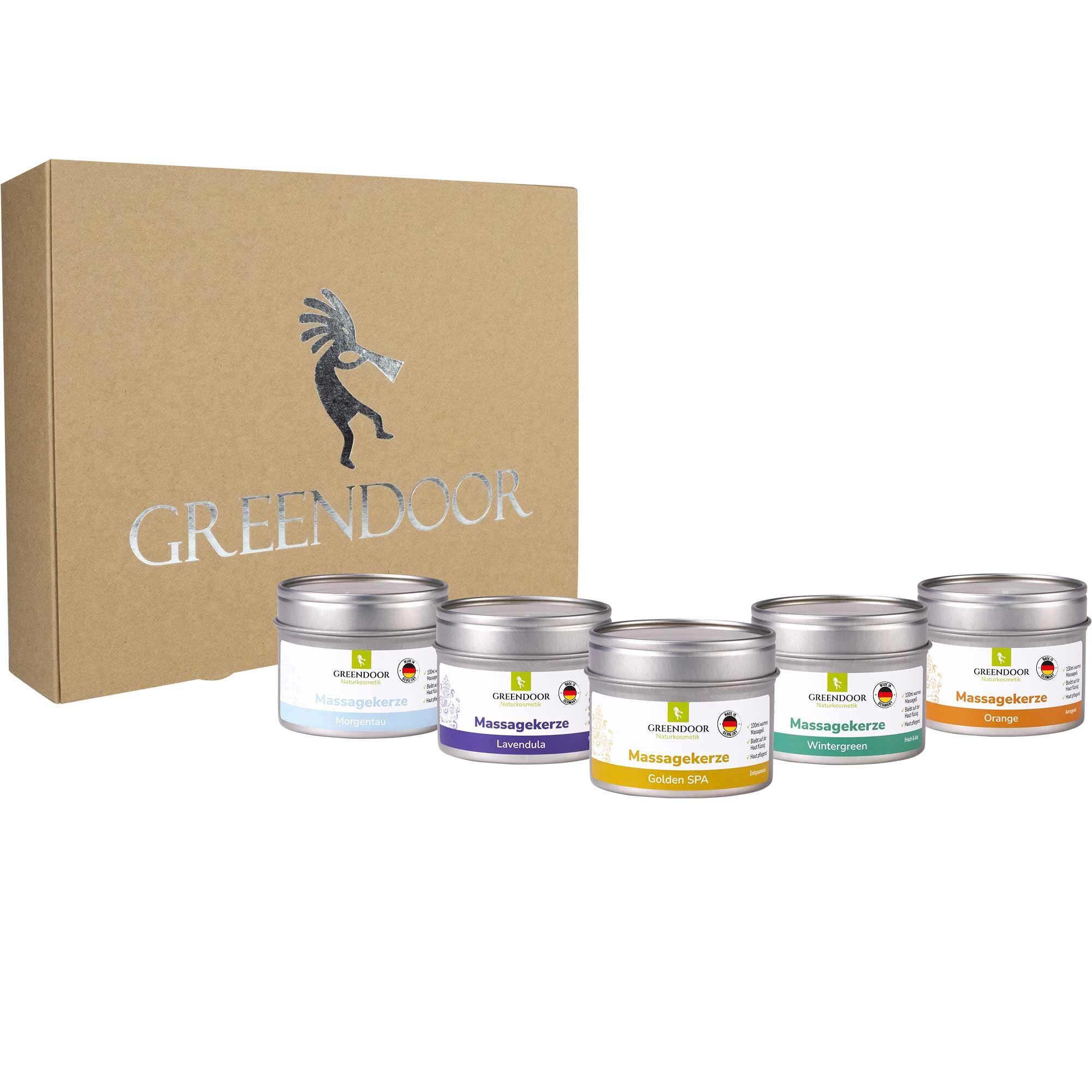 GREENDOOR Geschenk Set XL mit 5 Massagekerzen in Dosen. Kartonverpackung mit Logo.