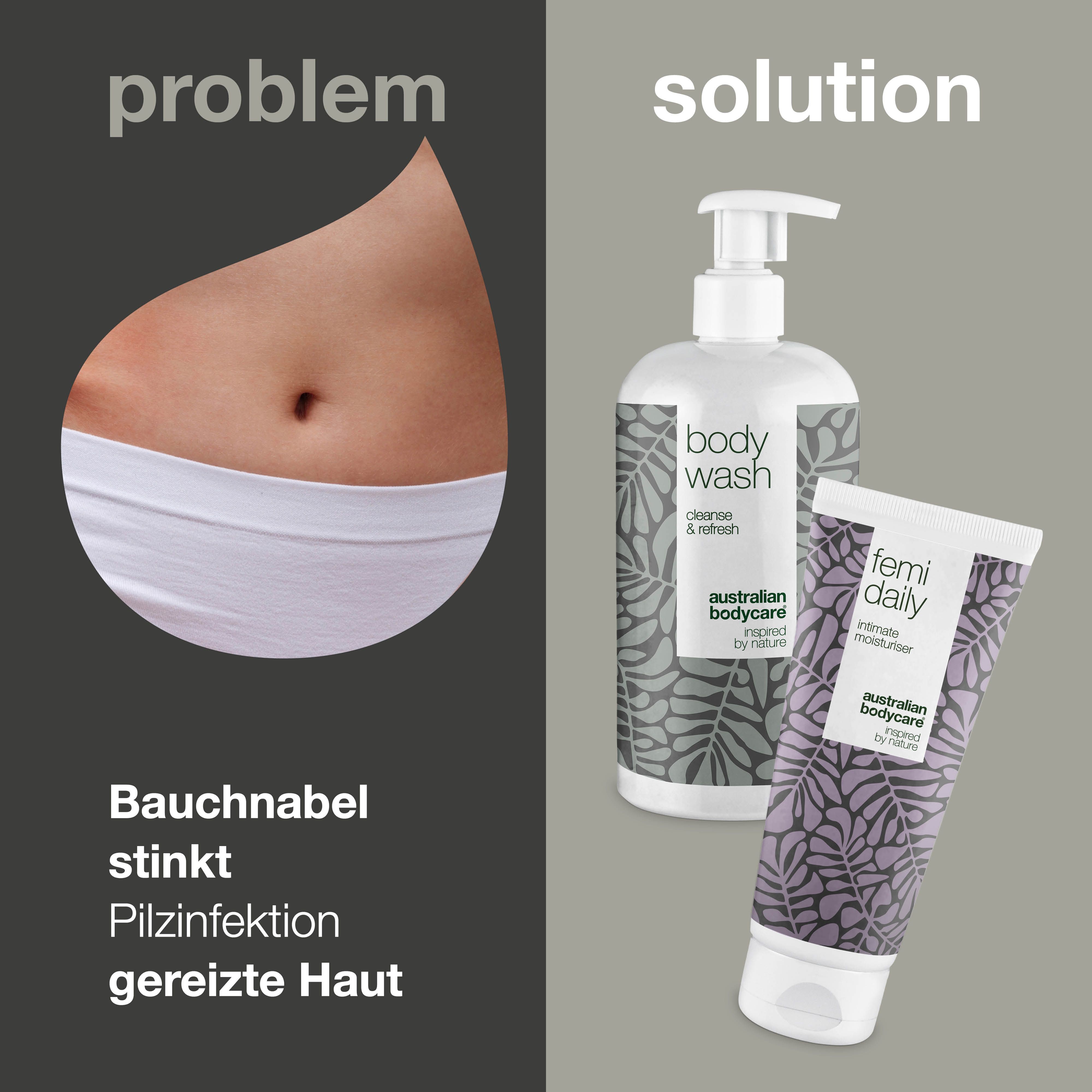 Ein Bild teilt sich in Problem und Lösung. Links: Bauchnabel. Rechts: Body Wash und Intimfeuchtigkeitspflege.