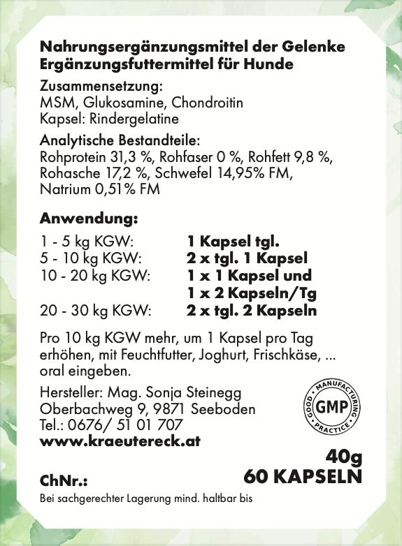 Etikett mit Text. Enthält Informationen zu Inhaltsstoffen, Anwendung und Hersteller. GMP-Siegel.