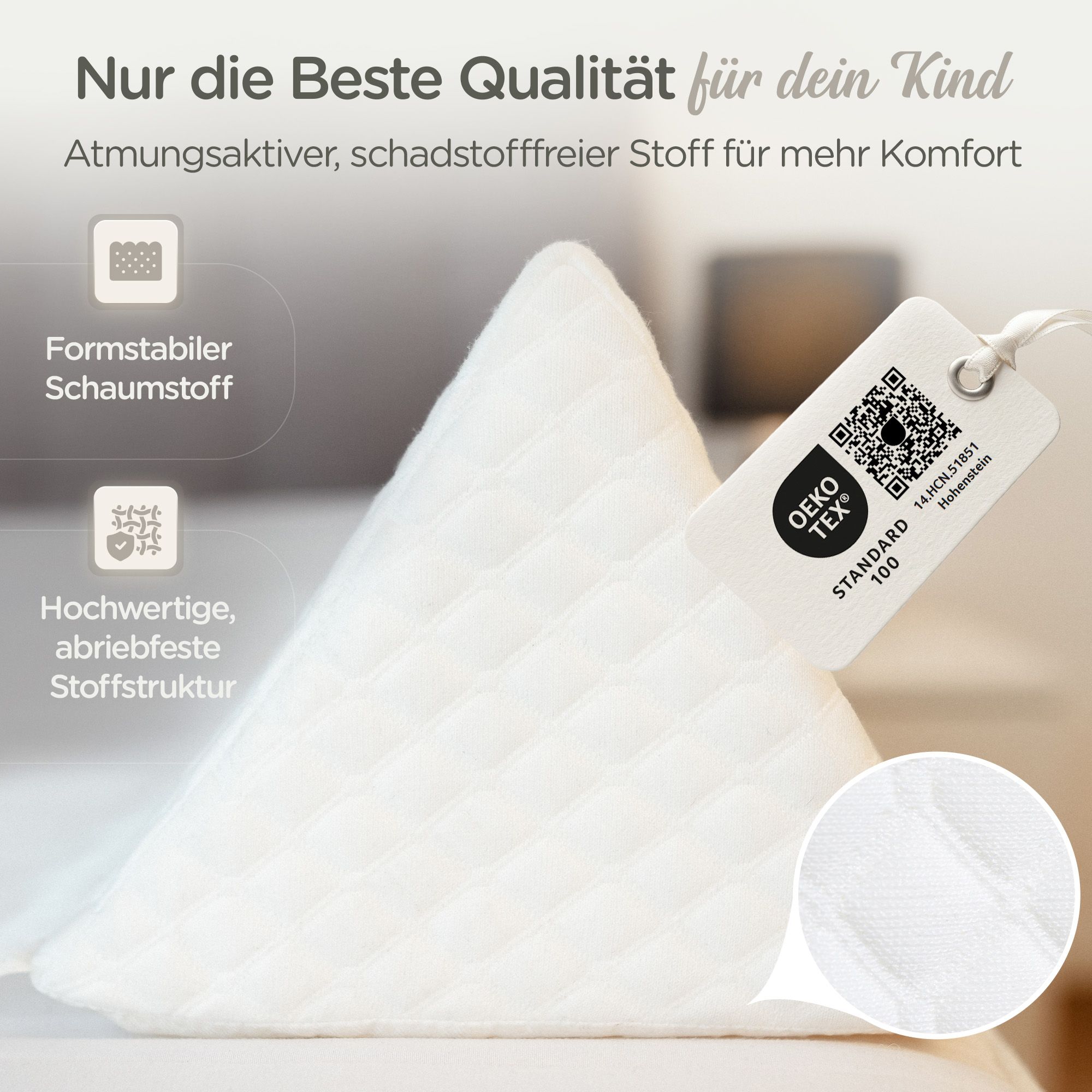 Weißes, formstabiles Schaumstoff-Bettgitter mit Oeko-Tex Siegel. Hochwertige Stoffstruktur.