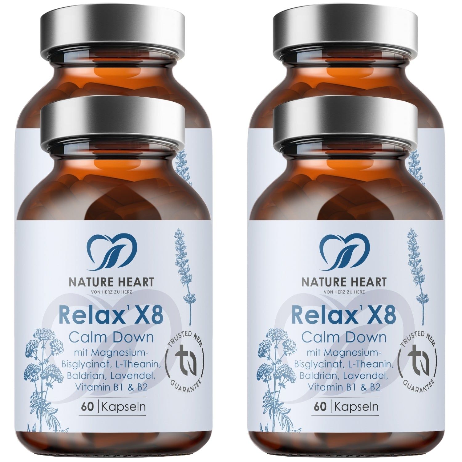 Zwei Flaschen Nature Heart Relax X8 Calm Down Kapseln, je 60 Stück. Braunglasflaschen mit silbernen Verschlüssen.