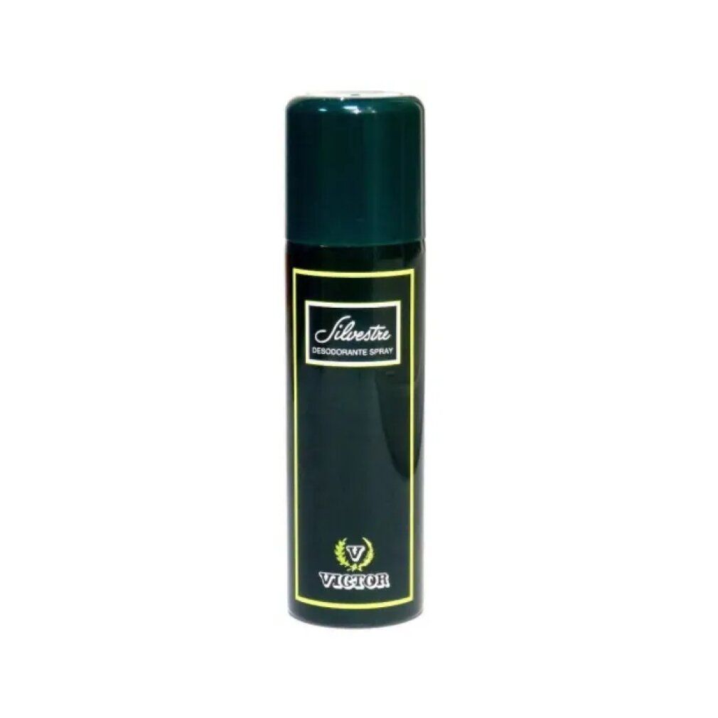 Deospray-Dose, schwarz mit grünem Deckel. Aufschrift "Silvestre" und "Victor".