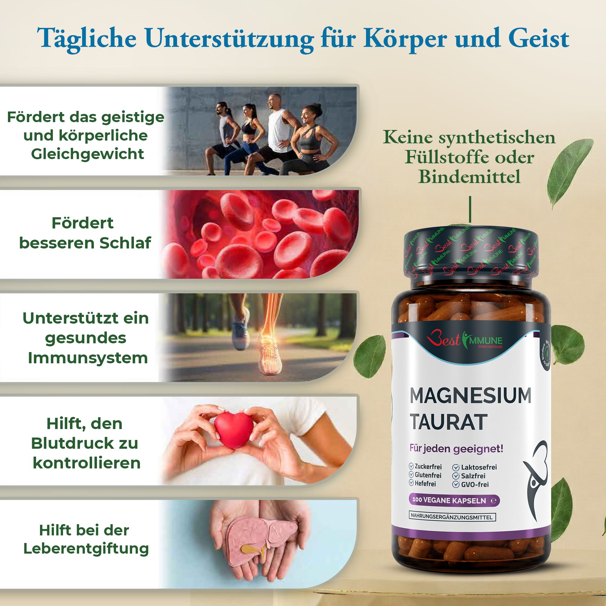 Flasche mit Magnesium Taurat-Kapseln, daneben Bilder, die geistiges und körperliches Gleichgewicht zeigen.