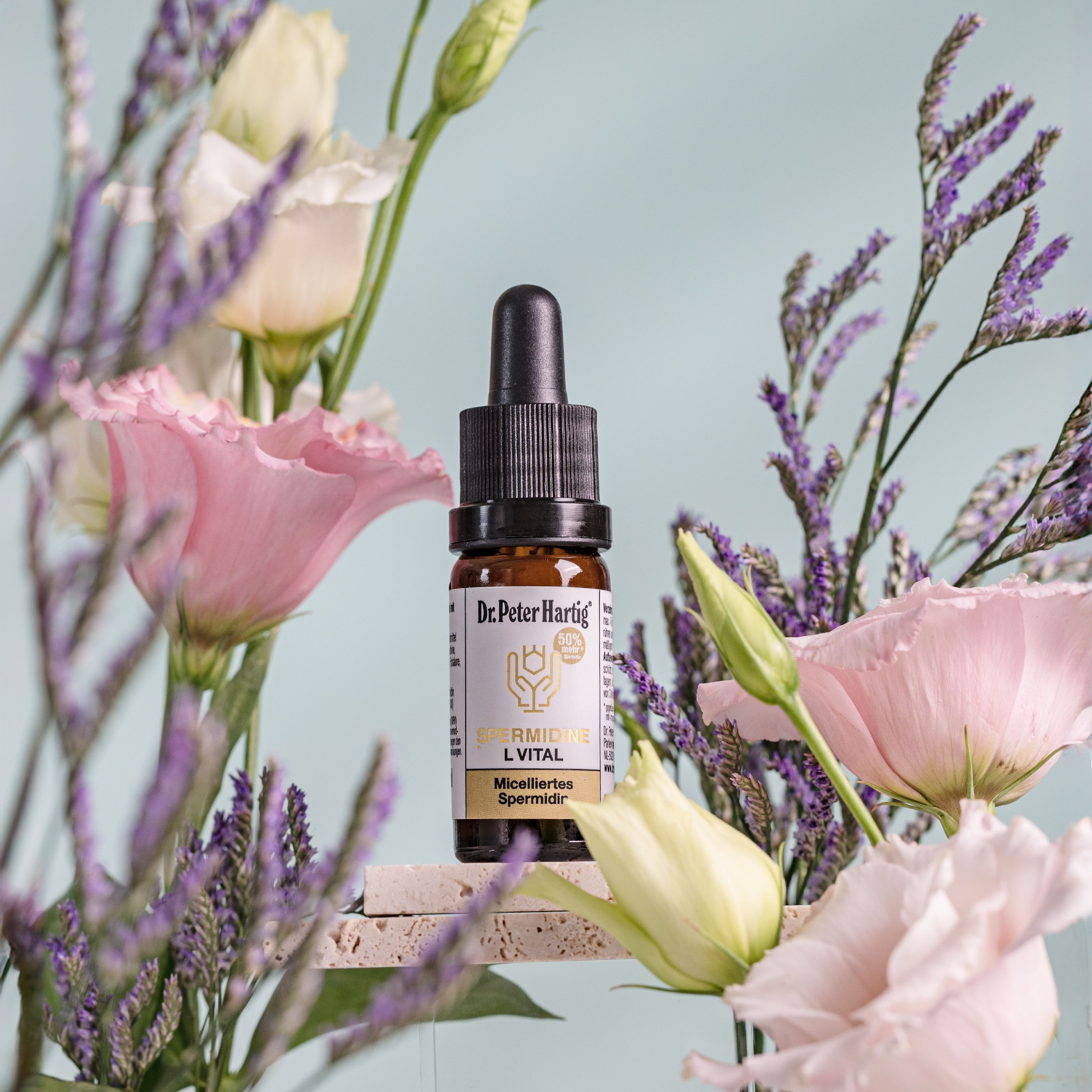 Braune Flasche mit Tropfer, umgeben von Blumen. Produktname: Spermidine L Vital. Hintergrund: pastellfarben.