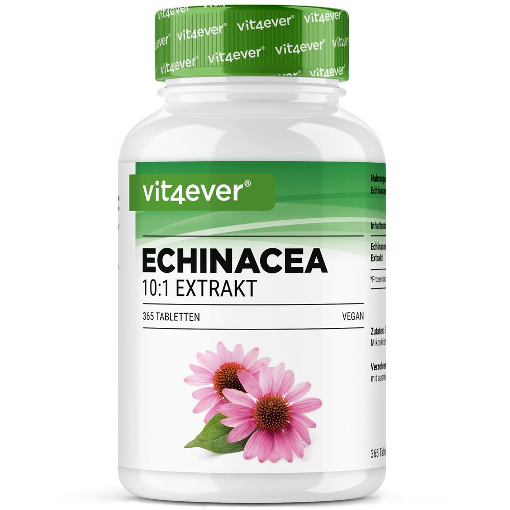 Weiße Flasche mit grünem Deckel. Aufschrift: vit4ever, Echinacea 10:1 Extrakt, 365 Tabletten. Abbildung von zwei rosa Blüten.