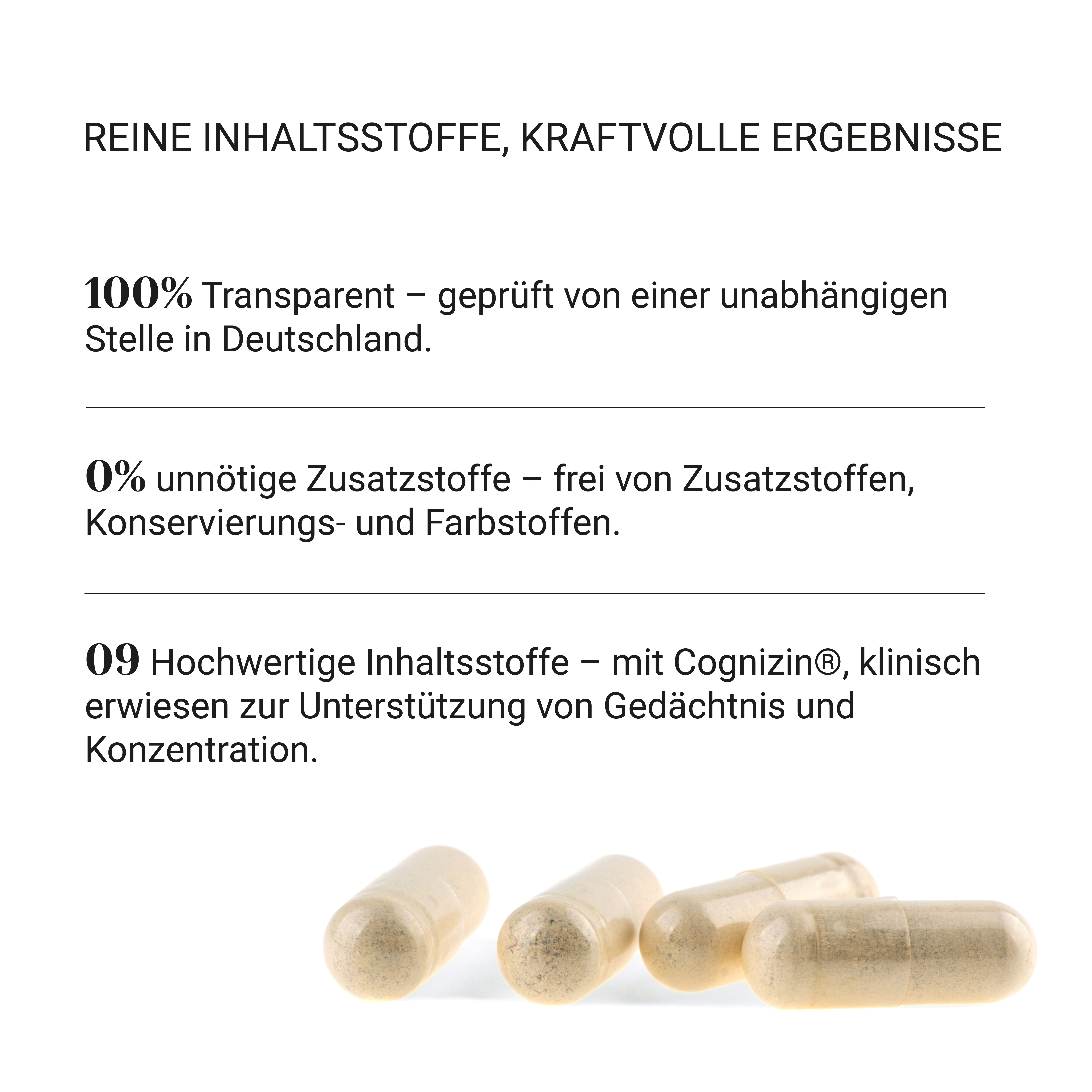 Vier Kapseln. Text: 100% Transparent, 0% unnötige Zusatzstoffe, 09 hochwertige Inhaltsstoffe. Aufschrift: Cognizin.