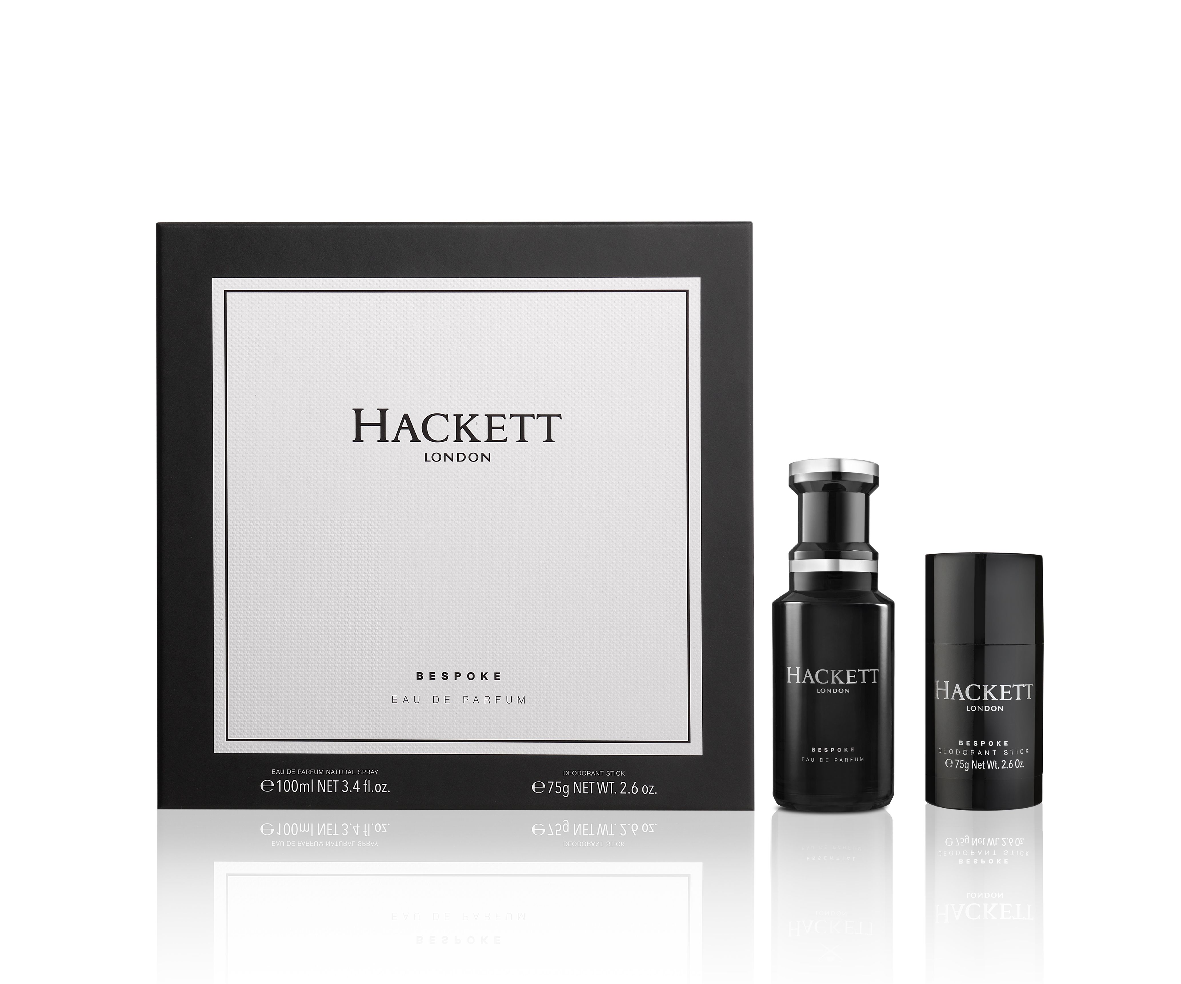 Geschenkset mit Eau de Parfum und Deo Stick. Schwarze Verpackung mit weißem Rahmen. Hackett London Logo.