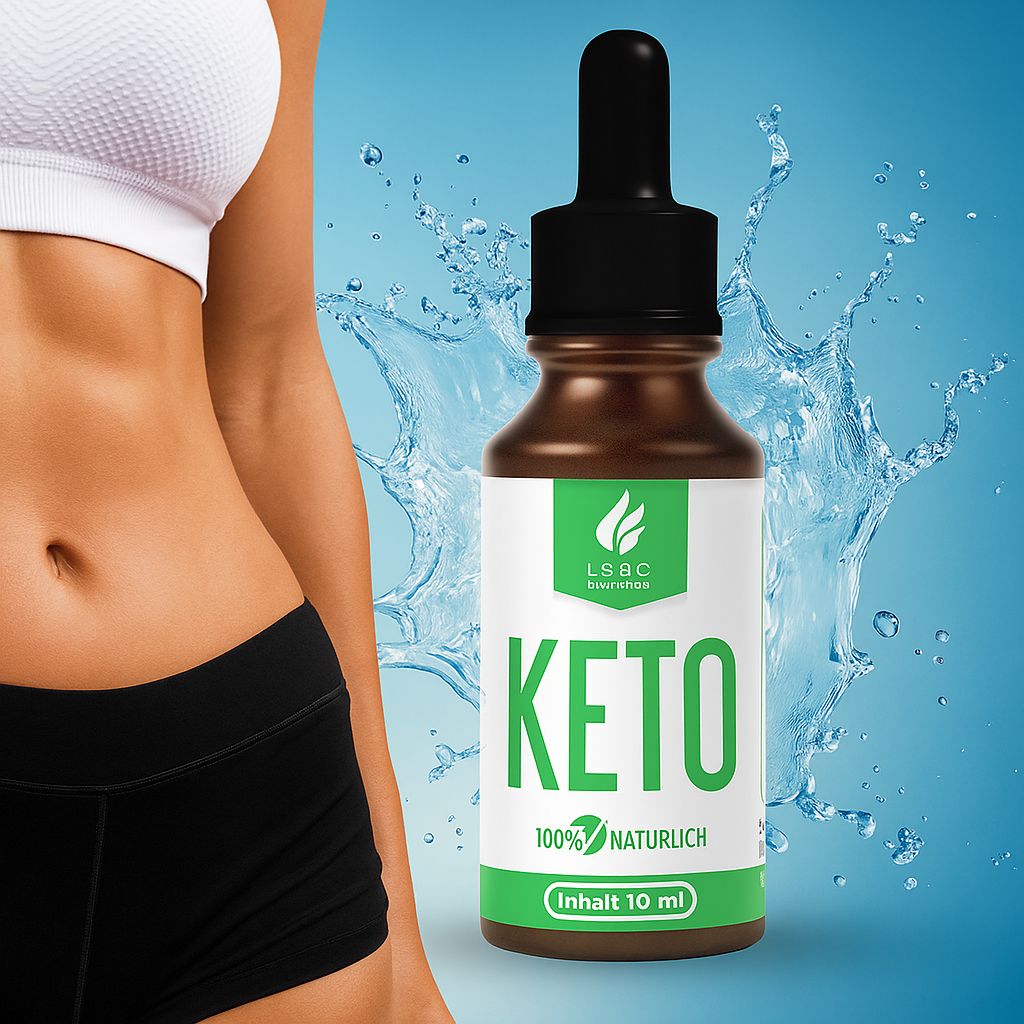 Braune Glasflasche mit schwarzem Tropfer, weißem Etikett und grünem Logo. KETO-Schriftzug. Wasser-Hintergrund und Frau.