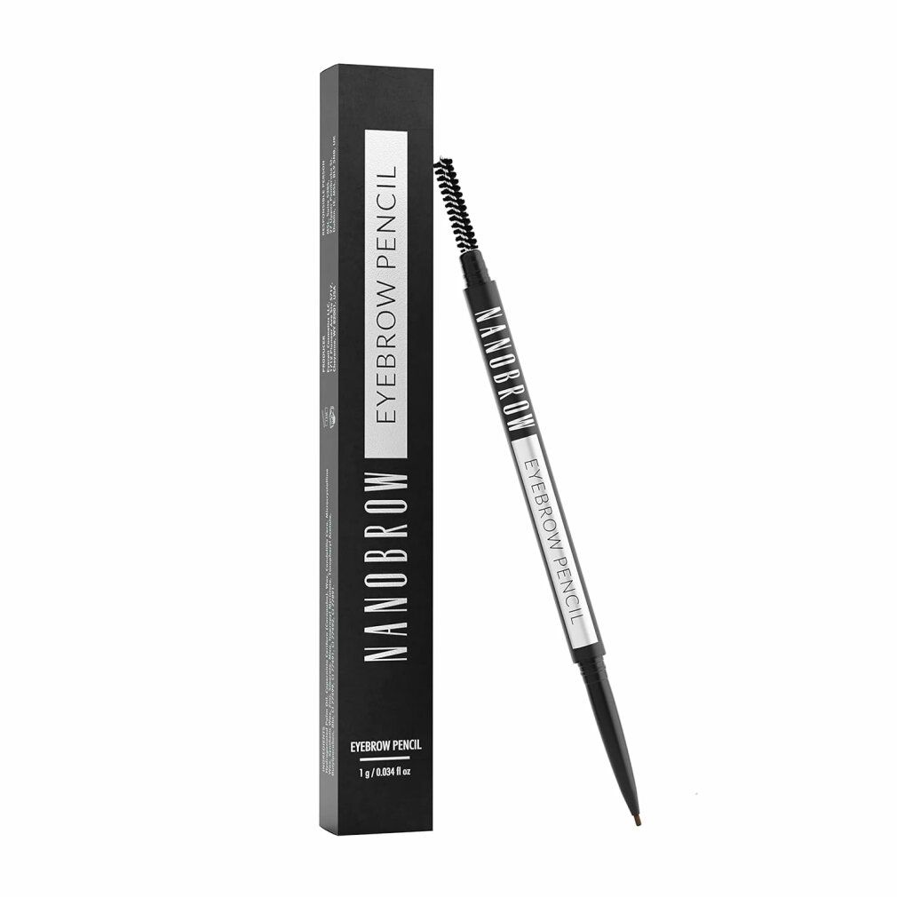 Nanobrow Eyebrow Pencil, hellbraun, mit Bürste und Stift. Schwarze Verpackung mit Produktnamen. Stift mit brauner Mine.