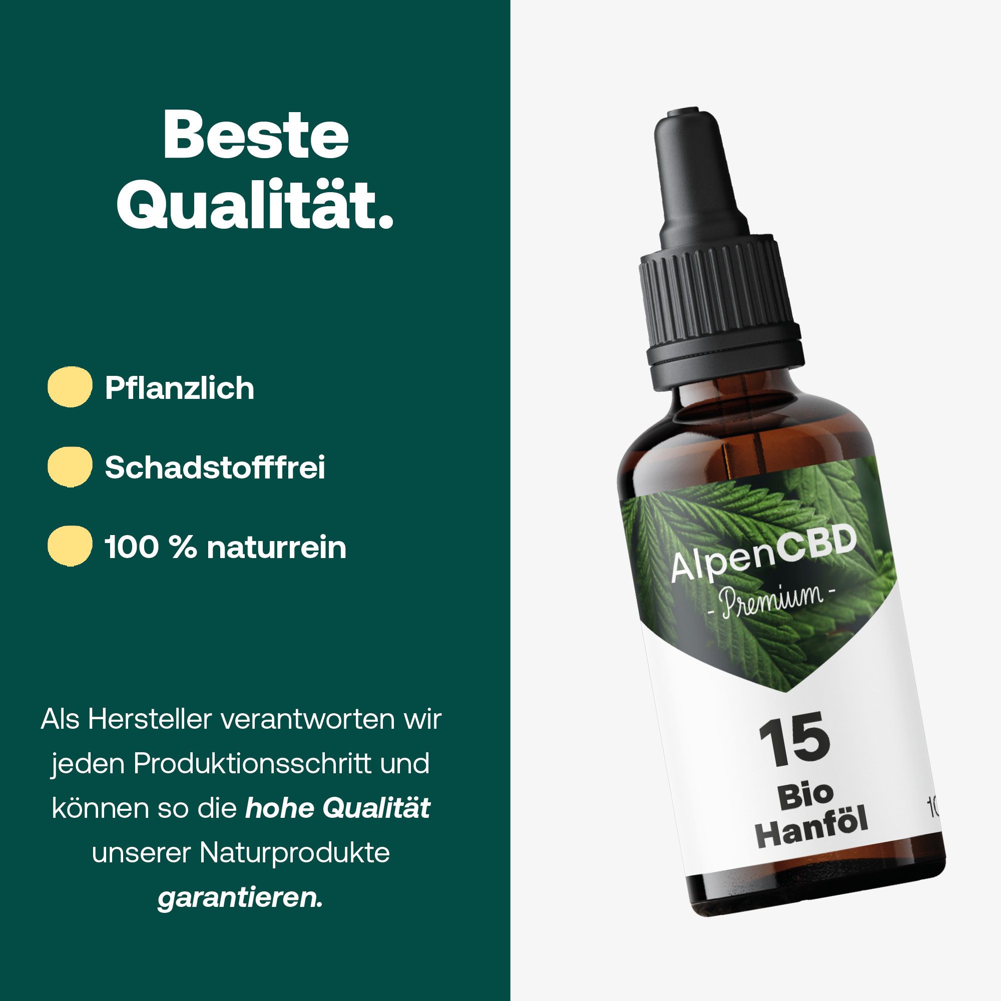 Braune Glasflasche mit Tropfer. Aufkleber mit Text: AlpenCBD Premium, 15 Bio Hanföl. Text: Beste Qualität.