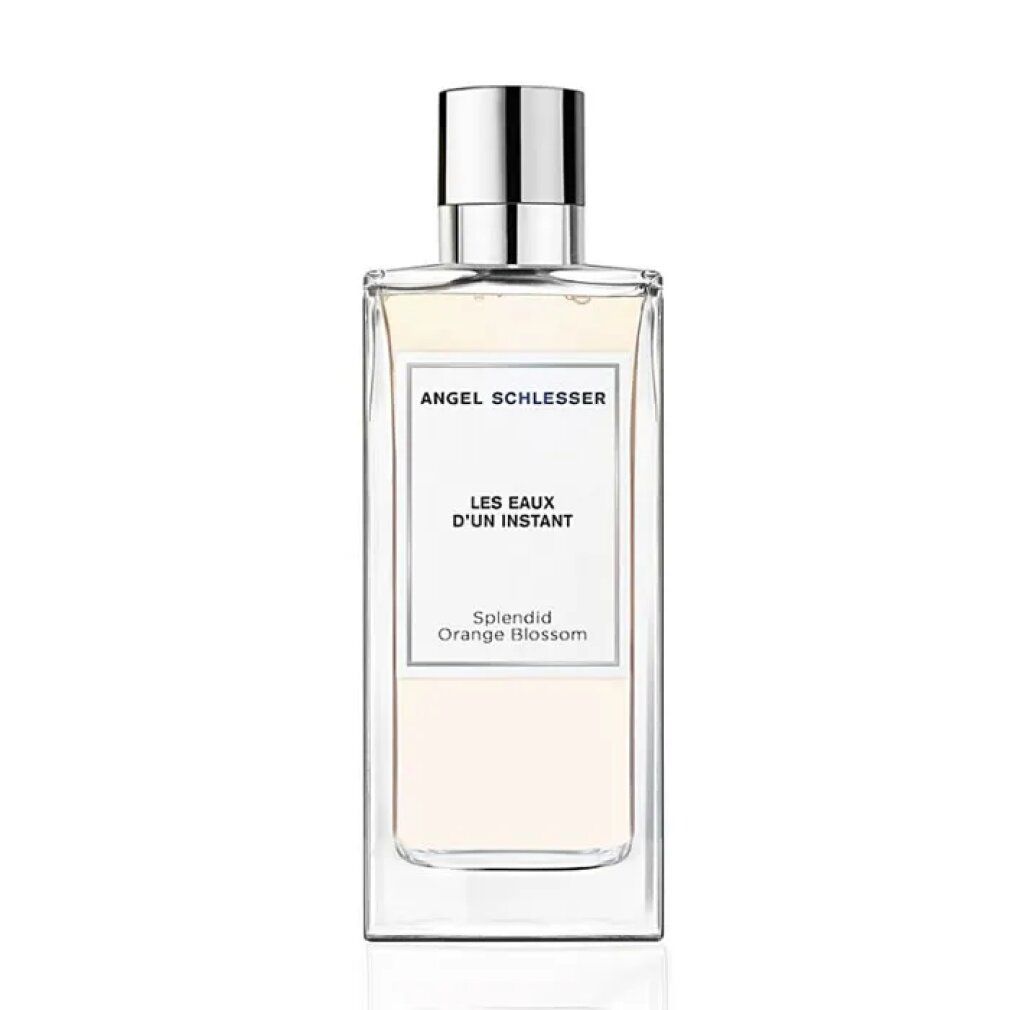 Parfümflakon mit silbernem Verschluss. Auf dem Etikett steht "Angel Schlesser", "Les Eaux d'un Instant" und "Splendid Orange Blossom".