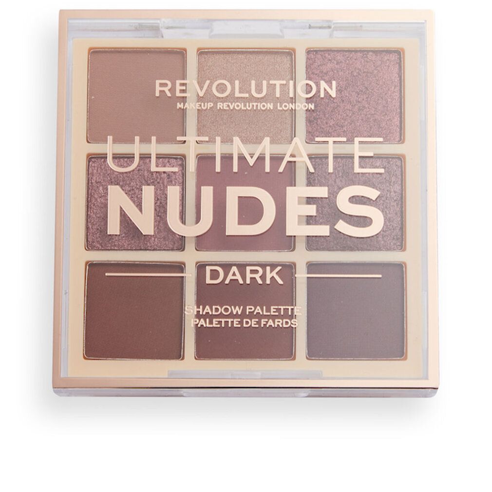 Lidschatten-Palette. Neun Farbtöne in einer quadratischen, hellbraunen Verpackung. Aufschrift: REVOLUTION, ULTIMATE NUDES DARK. Deckel mit Produktinformationen.