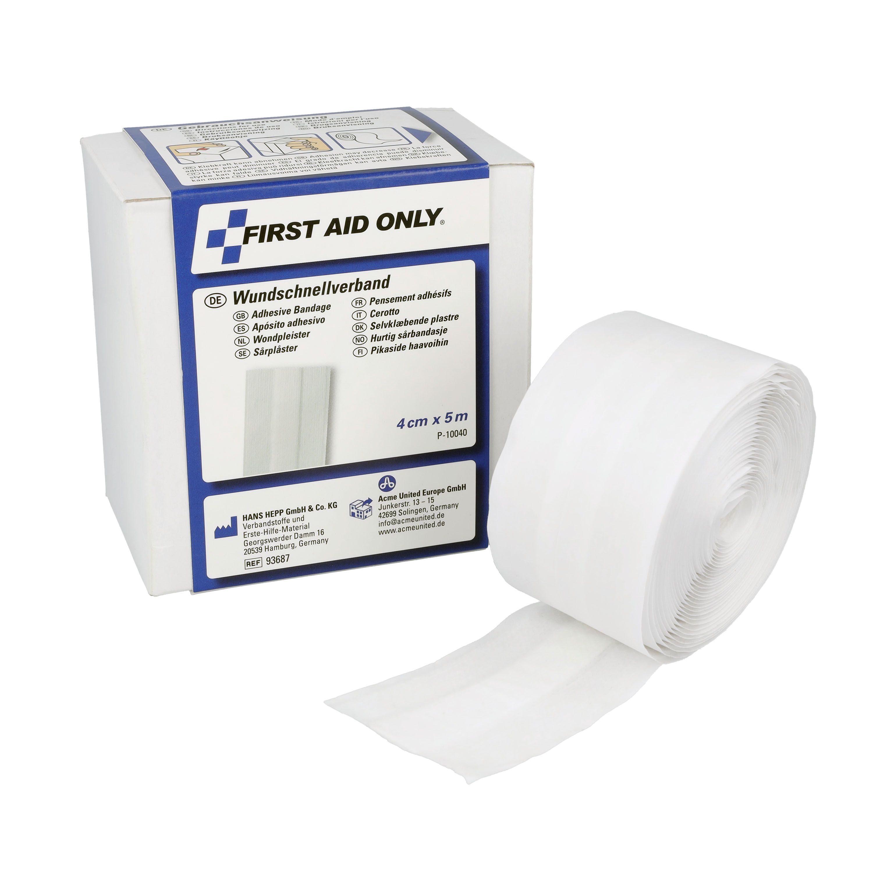 Weiße Pflasterrolle und Verpackung. Auf der Verpackung steht "FIRST AID ONLY" und "Wundschnellverband". Die Rolle ist 4 cm x 5 m.