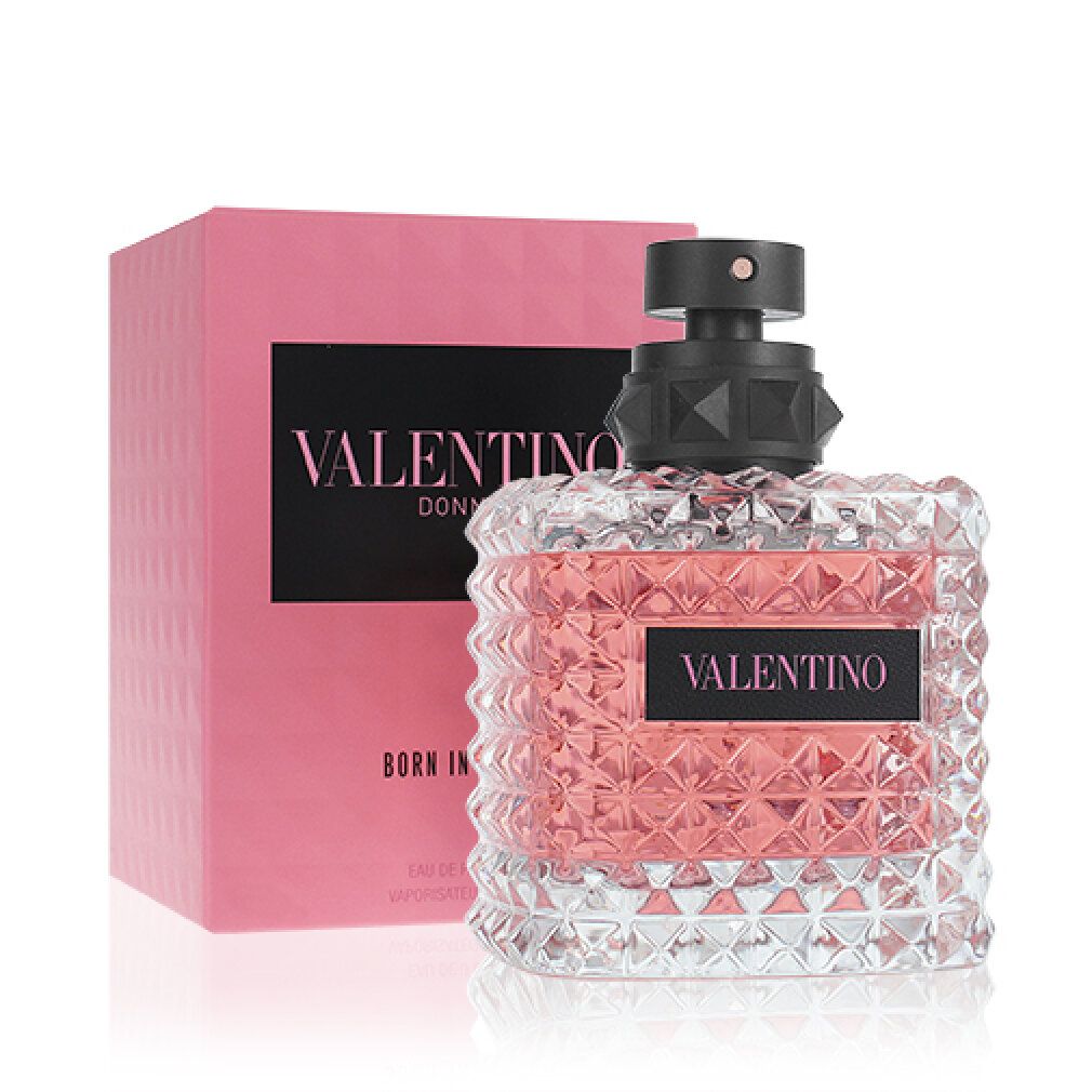 Valentino Born In Roma Eau de Parfum. Rosa Schachtel und Flakon. Schwarzer Verschluss. Text: Valentino, Born in Roma, Donna.