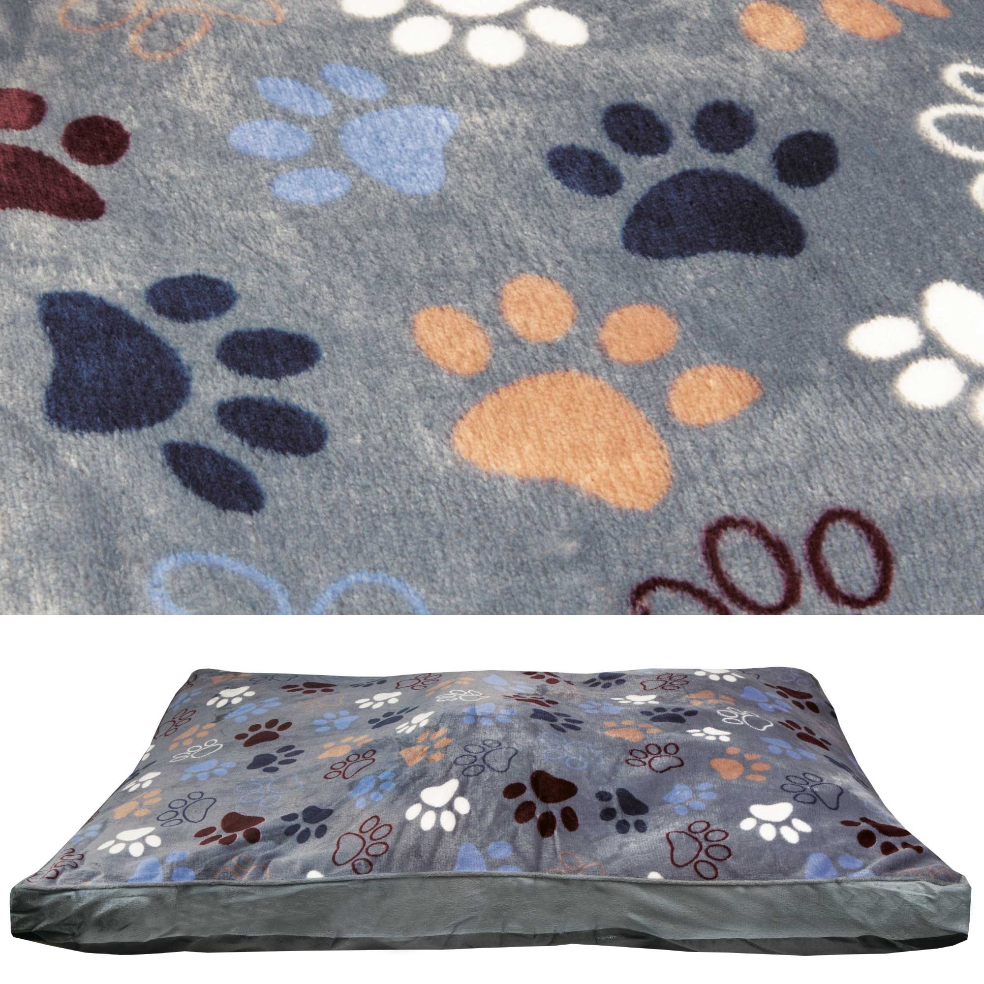 Hundekissen, grau mit Pfotenmuster. Rechteckig. Detailaufnahme des Musters und des Kissens.