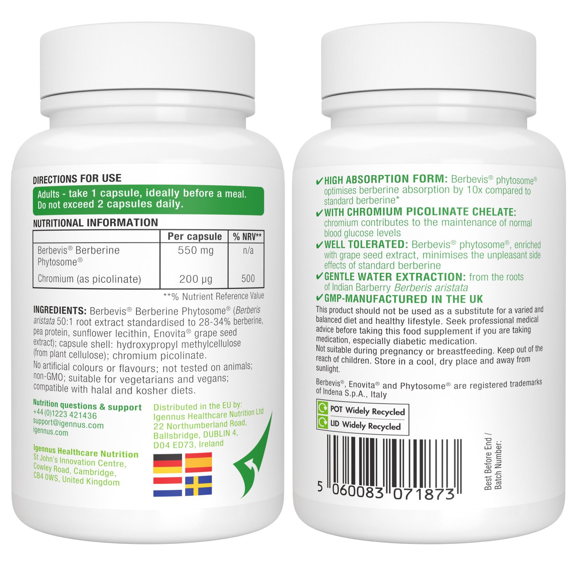 Zwei weiße Flaschen. Text: Berbervis Berberine Phytosome, Chrom (als Picolinat). Text: GMP-Herstellung in GB.
