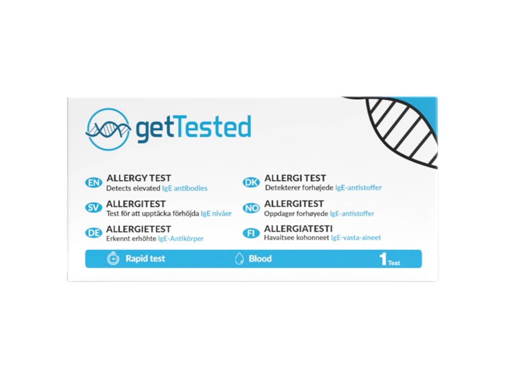 Verpackung mit dem Logo "getTested" und der Aufschrift "Allergietest". Enthält einen Schnelltest, der Blut benötigt.
