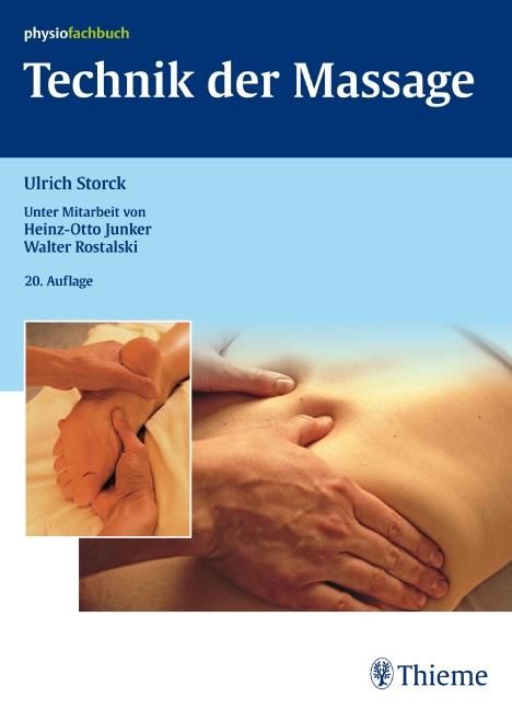 Buchcover: Technik der Massage. Titel, Autoren, Auflage. Abbildungen zeigen Massageanwendungen. Verlag Thieme.