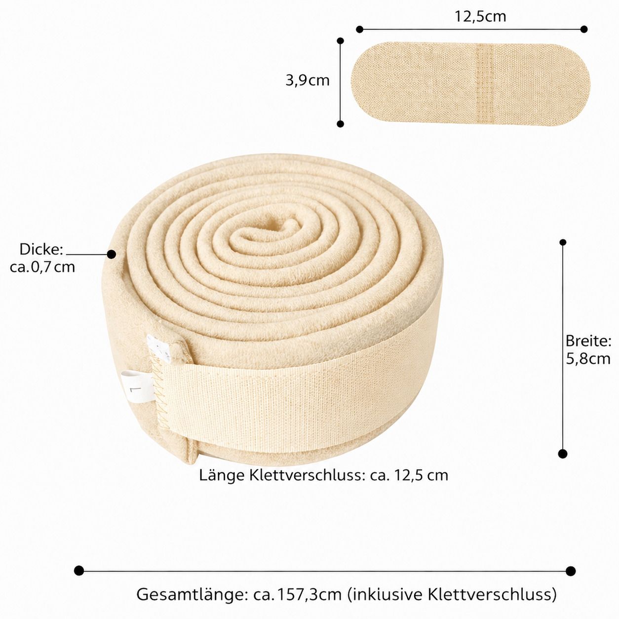 Beige Armschlinge, gerollt. Maße: 157,3 cm Gesamtlänge, 5,8 cm Breite, 0,7 cm Dicke. Klettverschluss 12,5 cm.