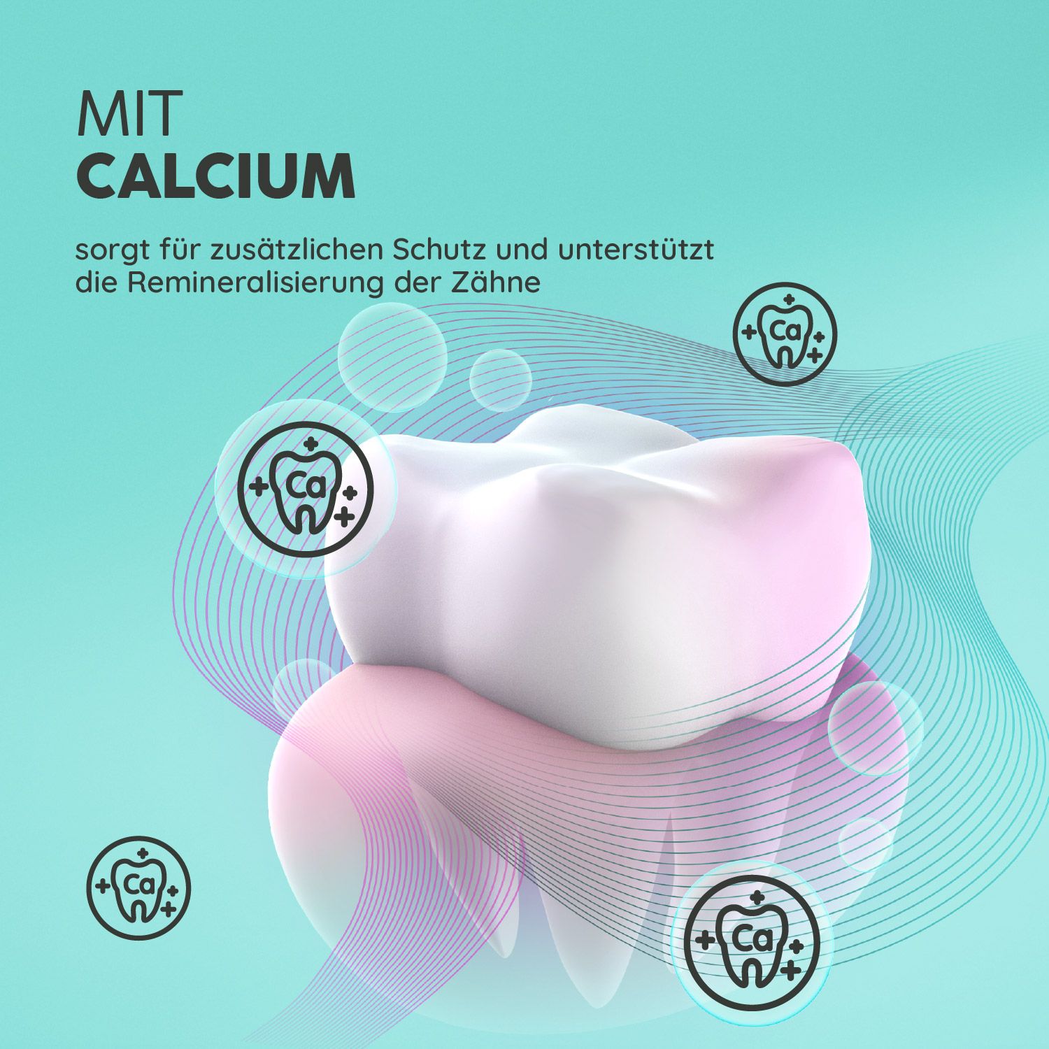 Zahnmodell mit Calcium-Symbolen. Text: Mit Calcium, sorgt für zusätzlichen Schutz und unterstützt die Remineralisierung der Zähne.