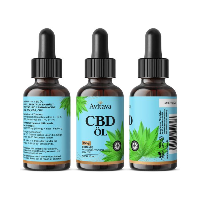 Drei Ansichten der Avitava CBD Öl Vollspektrum Flasche mit Pipette. Etiketten mit detaillierten Produktinformationen und Siegeln.
