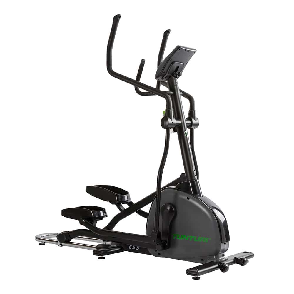Schwarzer Crosstrainer. Griffe, Pedale und Konsole. Marke und Modellbezeichnung auf dem Gerät.