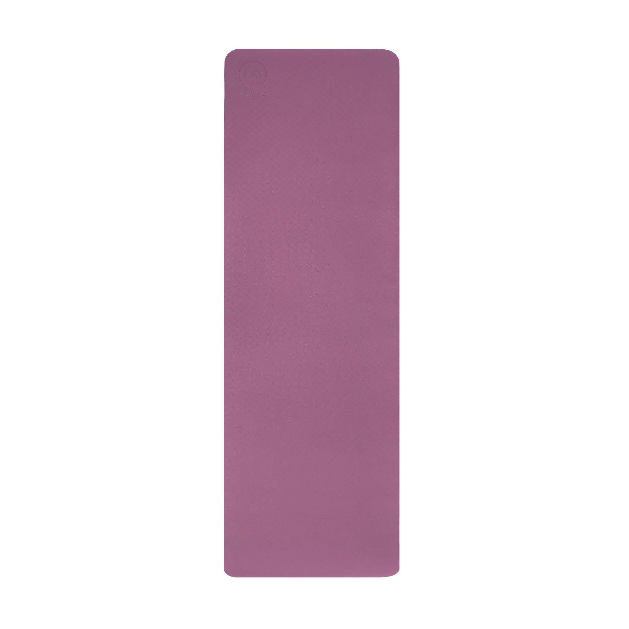 Zweifarbige Yogamatte, auberginefarben, flach ausgelegt. TPE-Material.