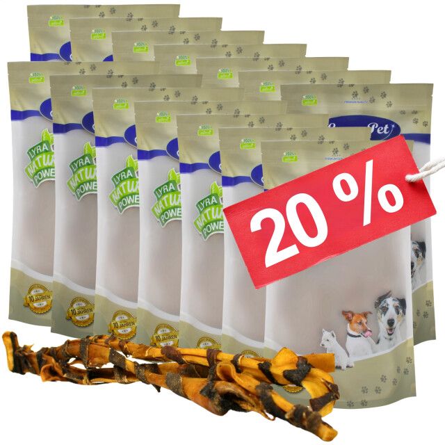Mehrere Packungen Lyra Pet® Rinderkopfhautstangen mit Pansen. Ein rotes Etikett zeigt 20% Rabatt. Die Stangen liegen vor den Packungen.