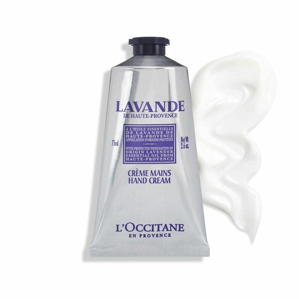 Silberfarbene Tube mit lila Text. Text: Lavande, Crème Mains Hand Cream, L'Occitane en Provence. Daneben ein Klecks Creme.