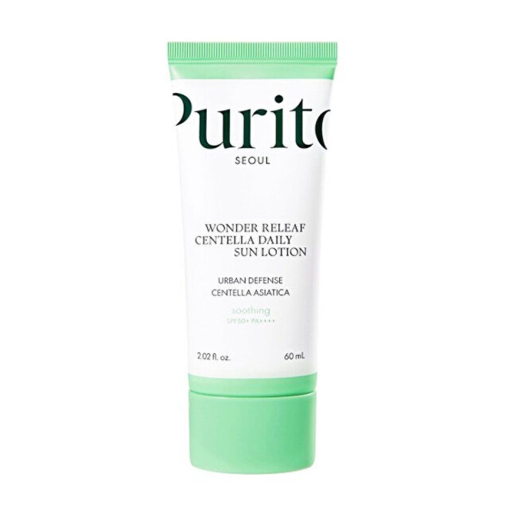PURITO Wonder Releaf Centella Daily Sun Lotion SPF 50+ PA++++ Tube mit grünem Deckel.