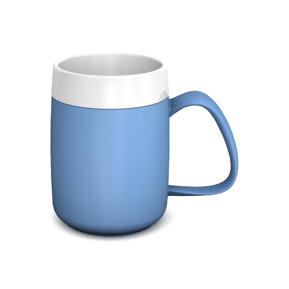 Blau-weißer Becher mit großem Henkel. Zylindrische Form, weißer Rand. Griff an der Seite.
