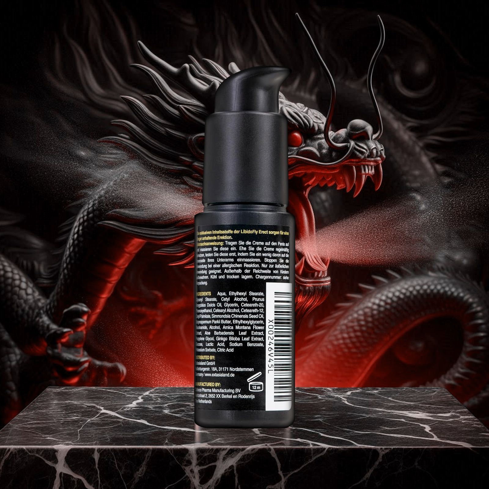 Schwarze Flasche mit Pumpe. Aufschrift: Libidofly. 50 ml. Rückseite mit Inhaltsstoffen.