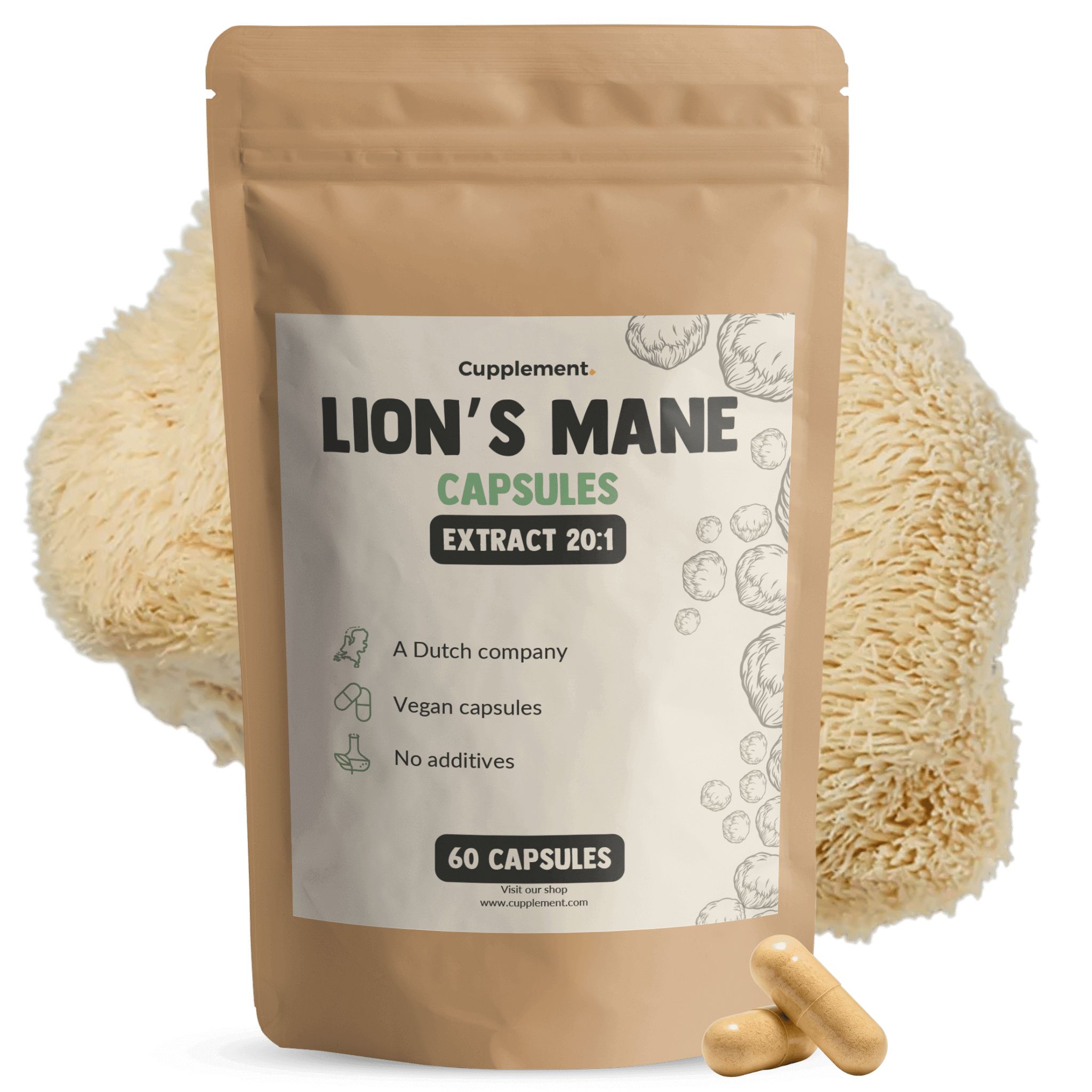 Braune Tüte mit Kapseln. Aufschrift: Lion's Mane Capsules, Extrakt 20:1, 60 Kapseln. Vegan.