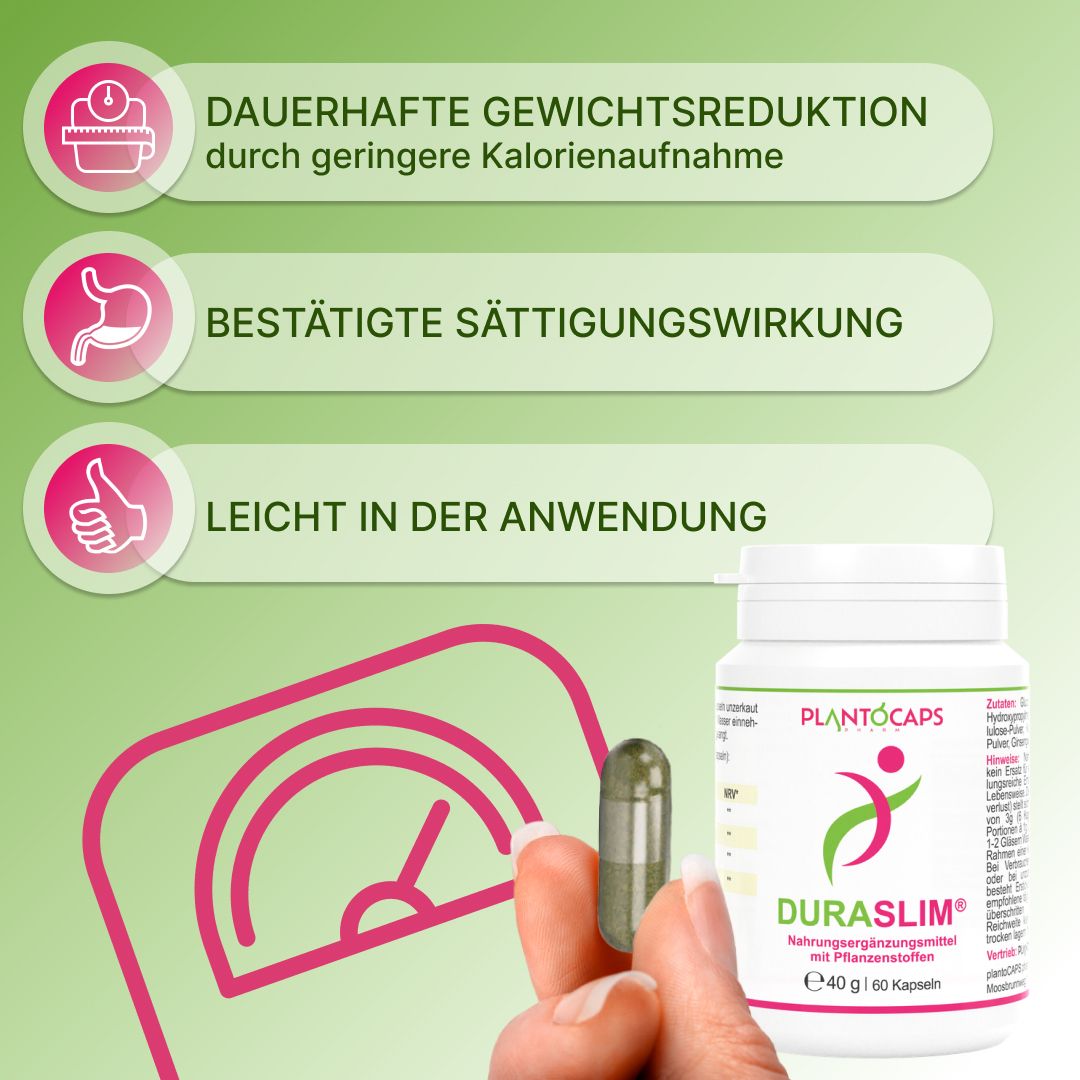 Weiße Flasche plantoCAPS DURASLIM. Eine Kapsel wird gehalten. Aufschrift: 60 Kapseln. Dauerhafte Gewichtsreduktion. Bestätigte Sättigungswirkung.