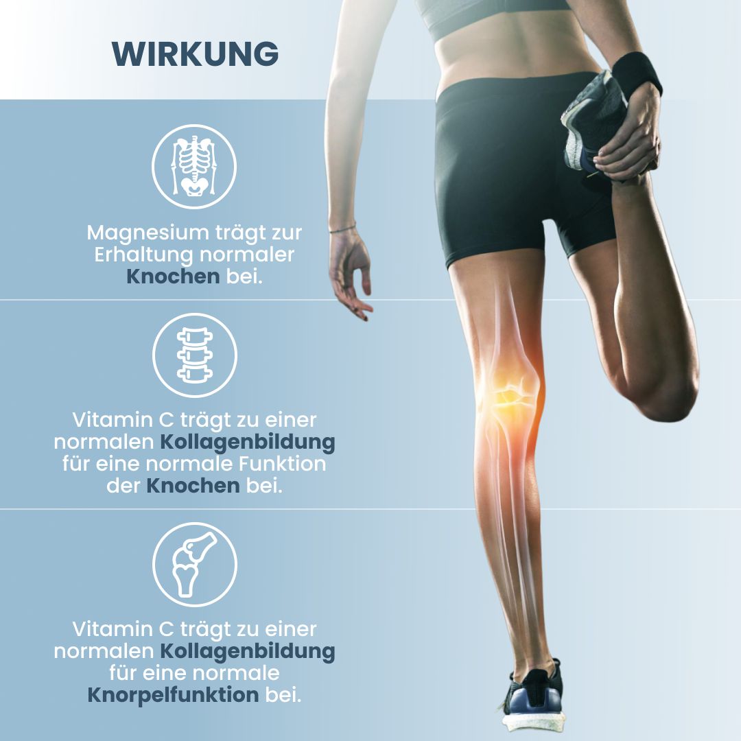 Illustration einer Person beim Dehnen. Text: Magnesium und Vitamin C tragen zur Knochen- und Knorpelfunktion bei.