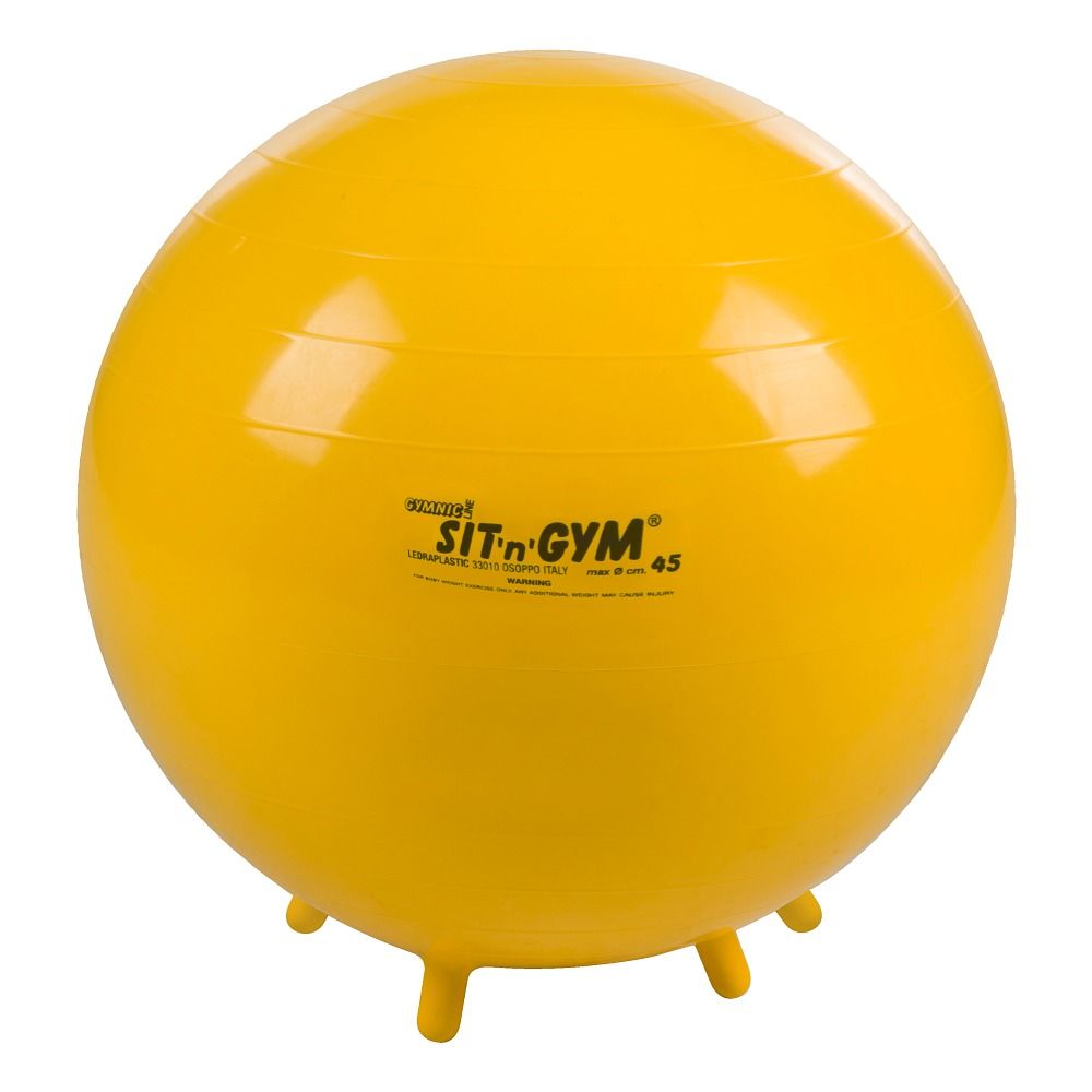 Gelber Gymnastikball mit Füßen. Aufgedruckt ist "Gymnic Sit 'n' Gym 45".