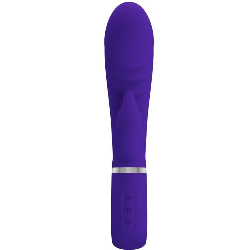 Lila Vibrator mit abgerundeter Spitze und G-Punkt-Stimulator. Mit drei Knöpfen am Griff.
