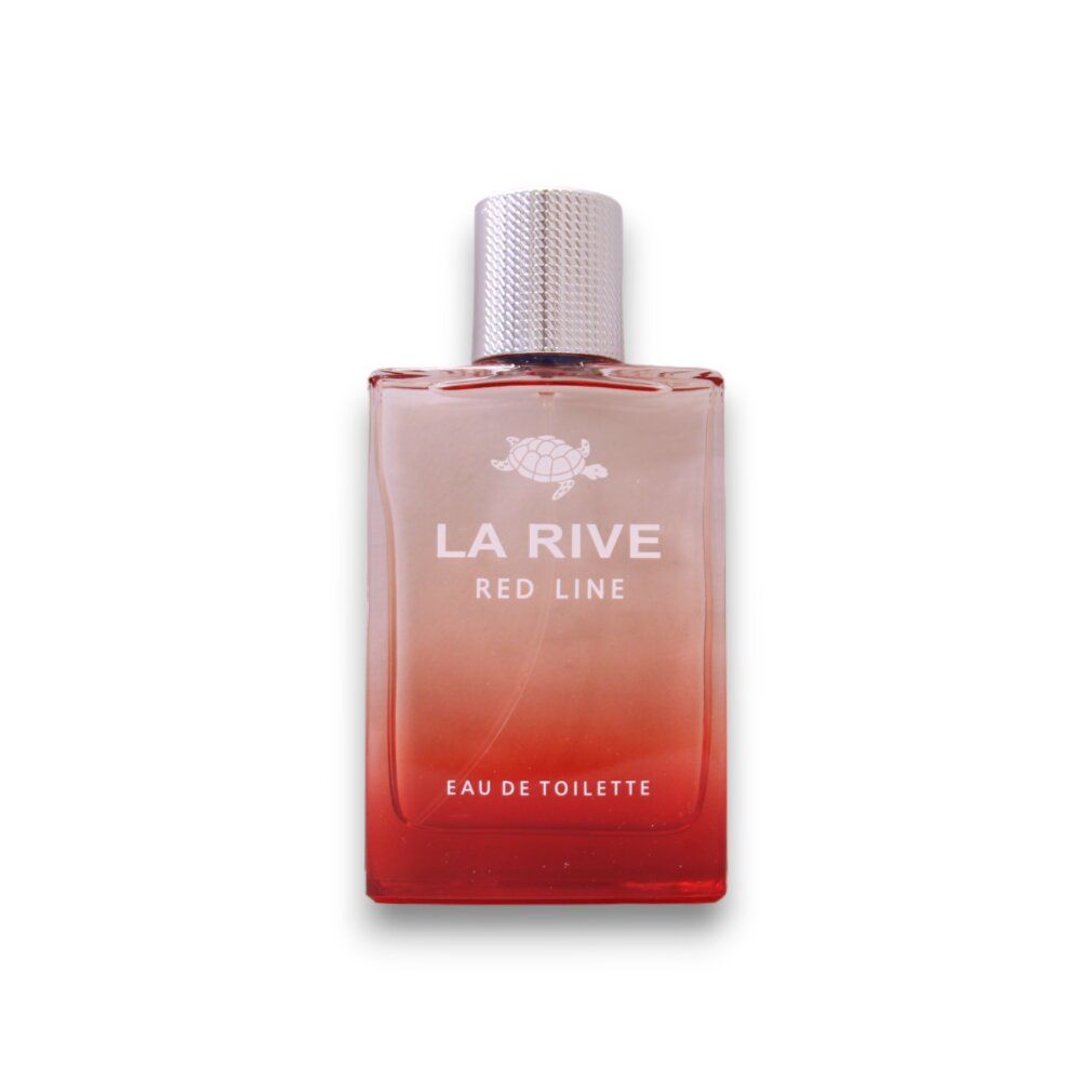 Rechteckige Glasflasche mit roter Flüssigkeit. Weißer Verschluss. Aufschrift: LA RIVE RED LINE, Eau de Toilette.