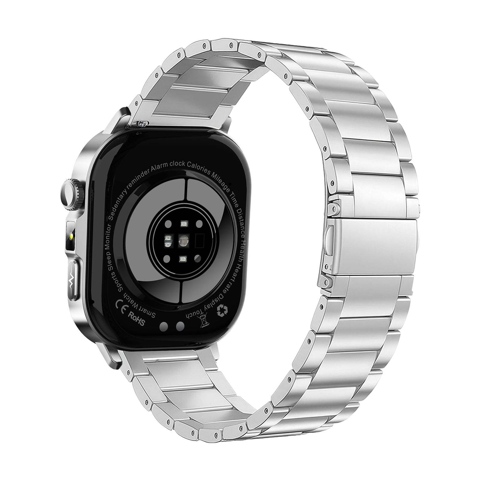 Rückseite einer silbernen Smartwatch mit Metallarmband. Sensoren und Text auf der Rückseite. CE-Kennzeichnung.